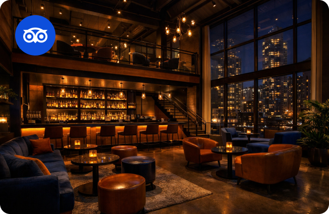 Cavo Bar interior with modern lounge seating and city view